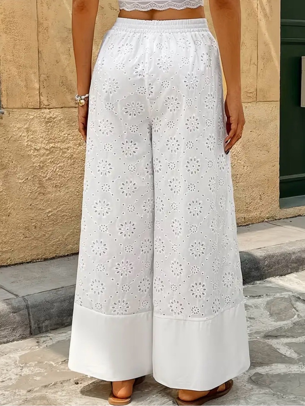 White Eyelet Wide-Leg Pants - Women